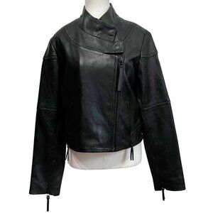 NWT BOD & CHRISTENSEN EMILY BLACK SMOOTH LEATHER CROPPED BIKER MOTO JACKET - L